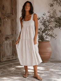 WOMEN'S SLEEVELESS SQUARE NECK EMBROIDERY FLORAL PLAID TIERED MAXI DRESS