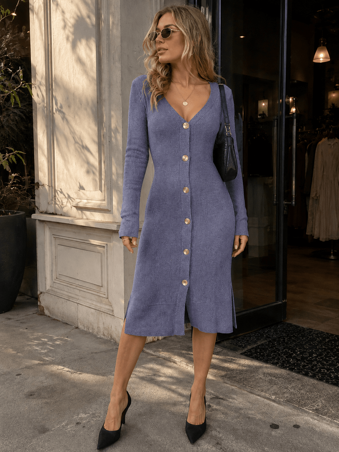 WOMEN'S LONG SLEEVE BUTTON UP SIDE SLIT MIDI DRESS