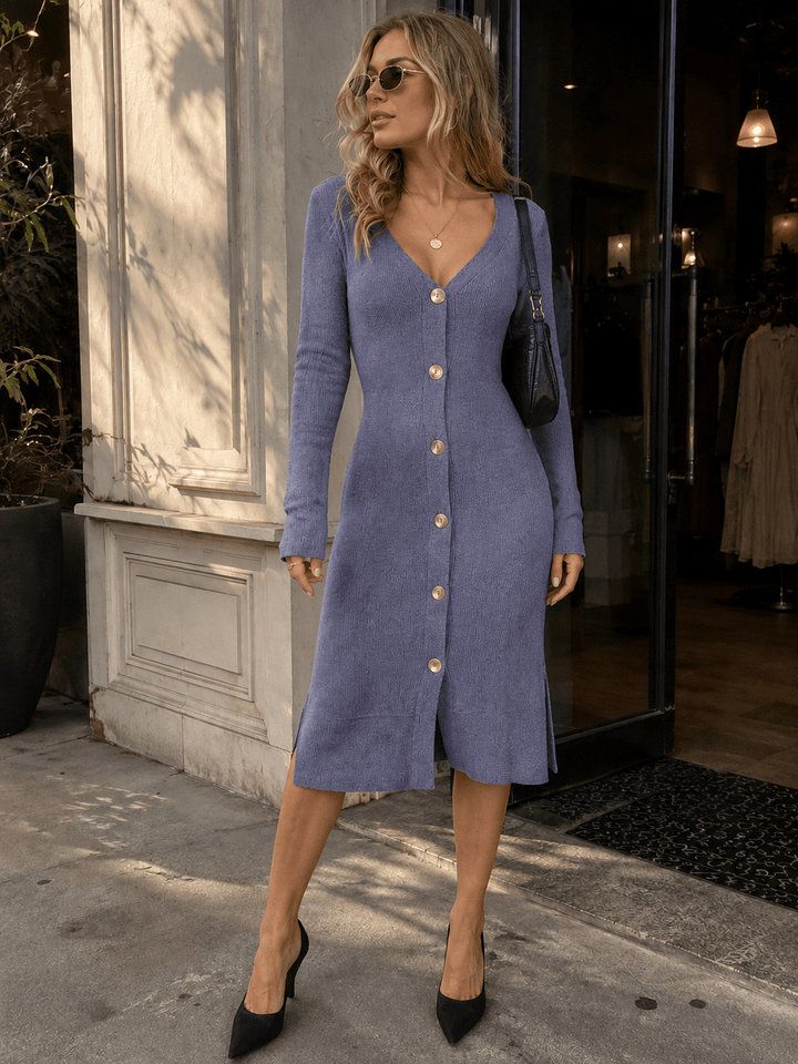 WOMEN'S LONG SLEEVE BUTTON UP SIDE SLIT MIDI DRESS
