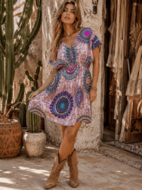 WOMEN'S SHORT SLEEVE V-NECK ELASTIC WAIST SHORTS LINING MULTI PRINT MINI DRESS