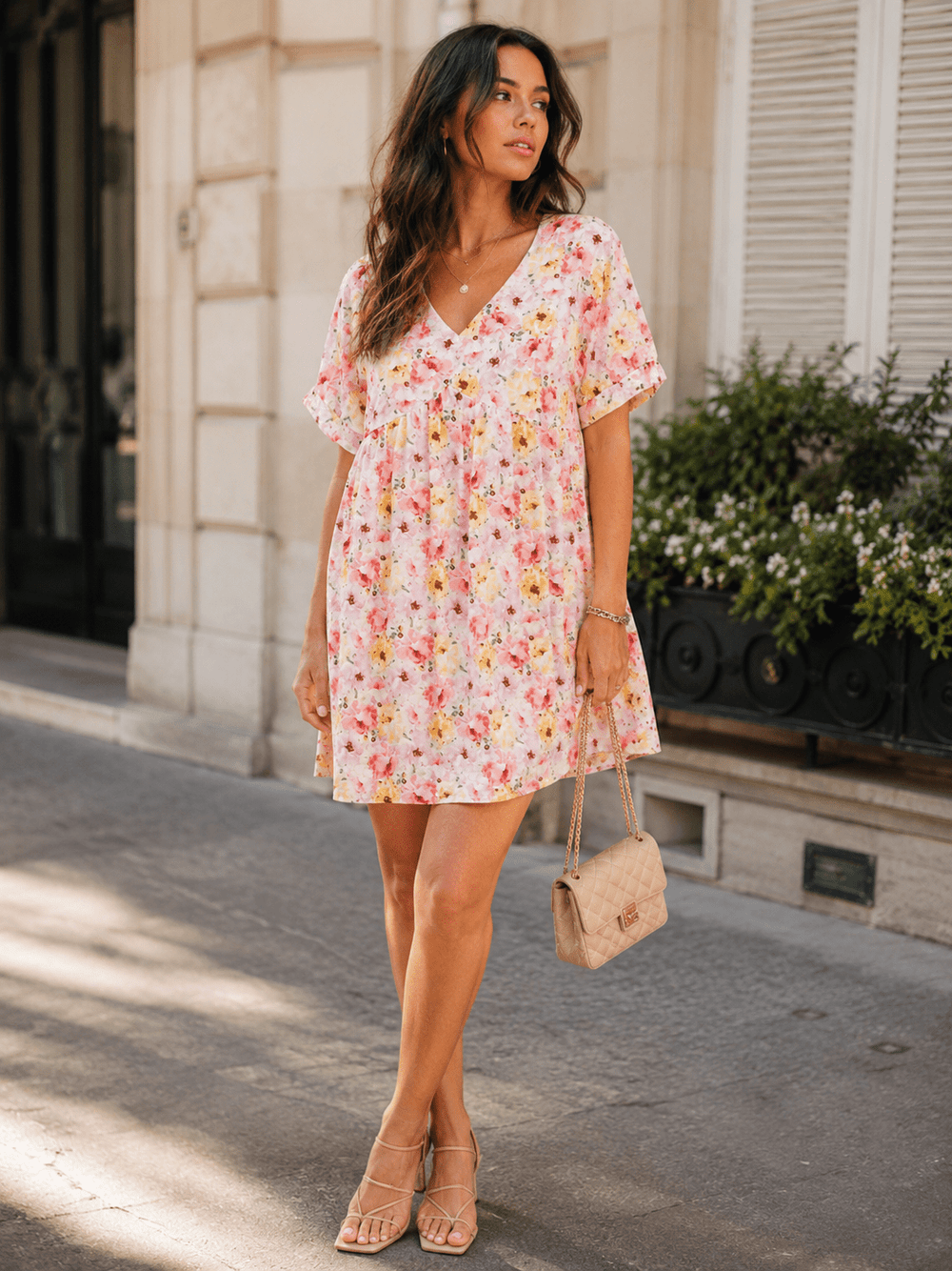 WOMEN'S SHORT SLEEVE V-NECK FLORAL TUNIC MINI DRESS