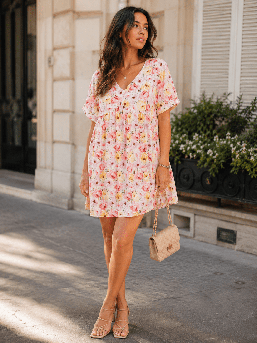 WOMEN'S SHORT SLEEVE V-NECK FLORAL TUNIC MINI DRESS