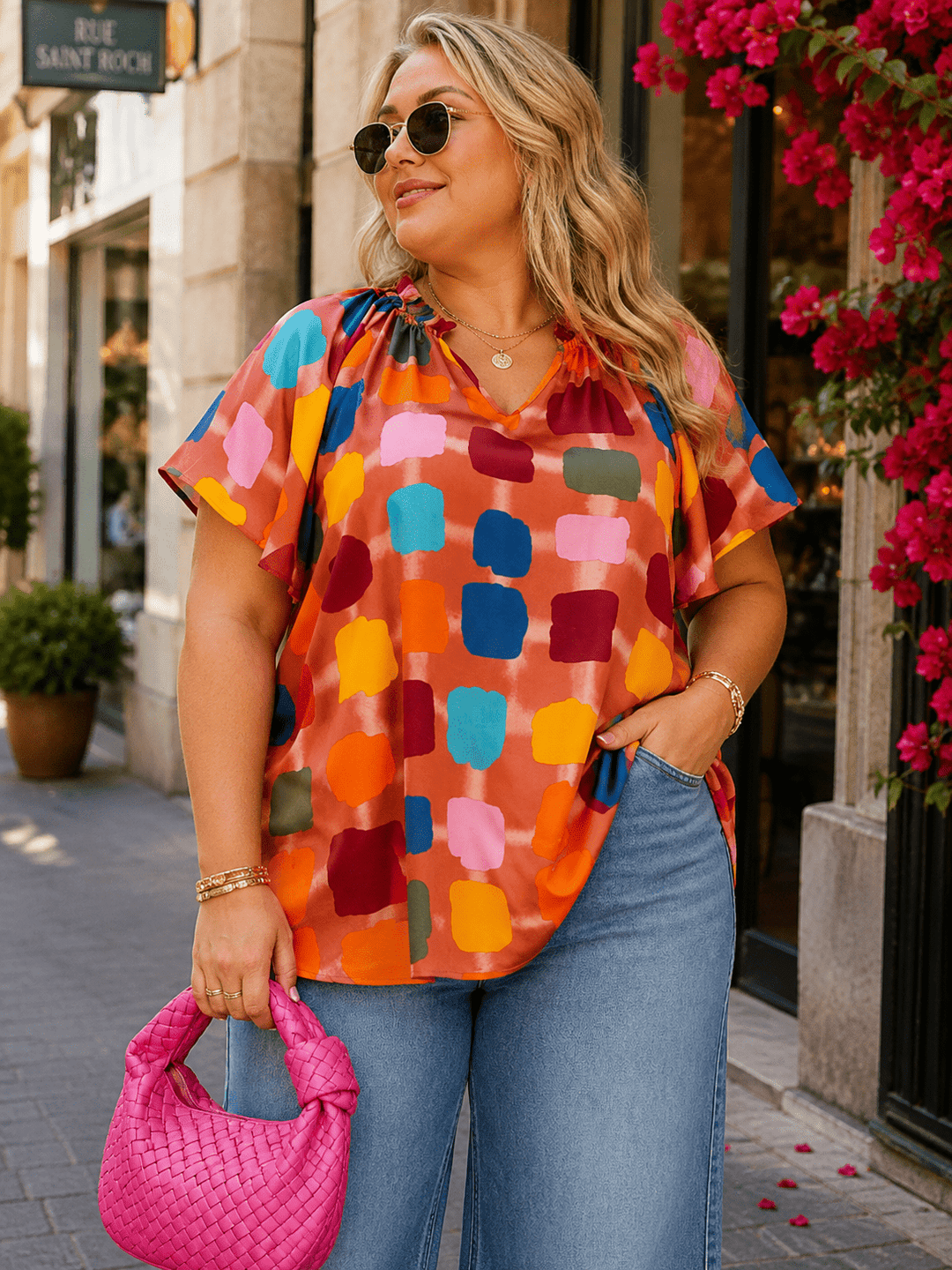 PLUS SIZE SHORT SLEEVE V-NECK MULTI PRINT BLOUSE