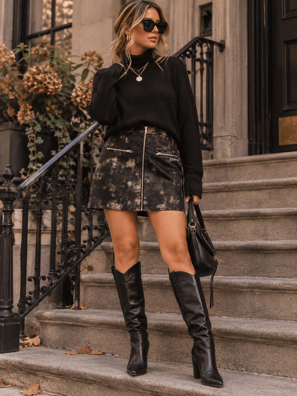 WOMEN'S ZIP UP FRONT POCKETS TIE DYE PU PLEATHER MINI SKIRT