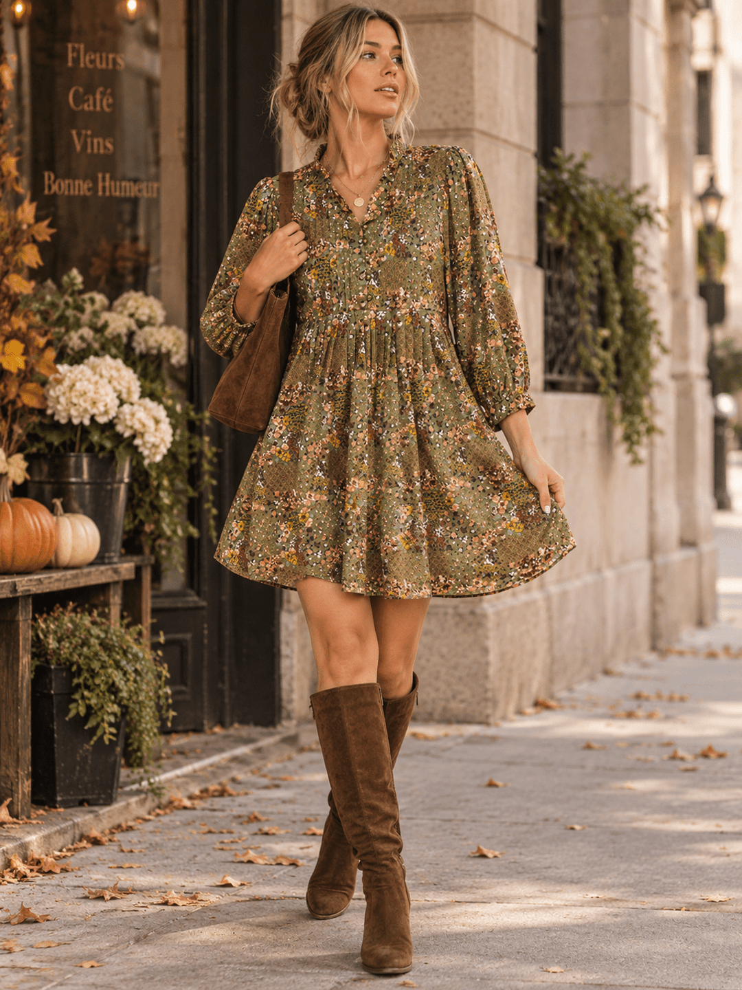 ENTRO WOMEN'S LONG SLEEVE BUTTON UP POCKETS FLORAL PRINT MINI DRESS