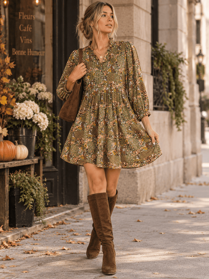 ENTRO WOMEN'S LONG SLEEVE BUTTON UP POCKETS FLORAL PRINT MINI DRESS