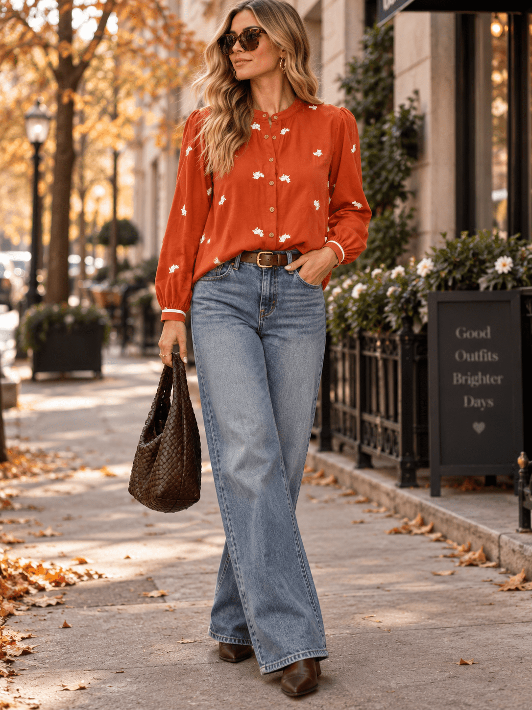 WOMEN'S LONG SLEEVE BUTTON UP FLORAL EMBROIDERY BLOUSE