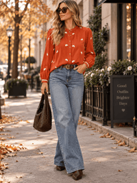 WOMEN'S LONG SLEEVE BUTTON UP FLORAL EMBROIDERY BLOUSE