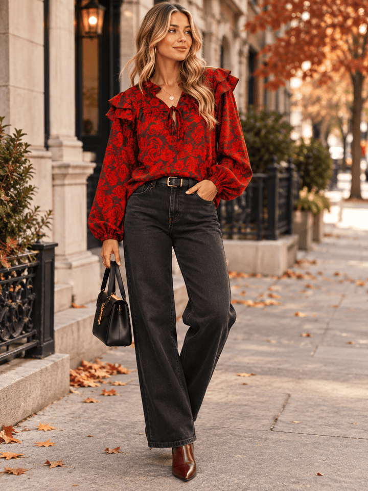 ENTRO WOMEN'S LONG RUFFLE SLEEVE V-NECK FLORAL PRINT BLOUSE