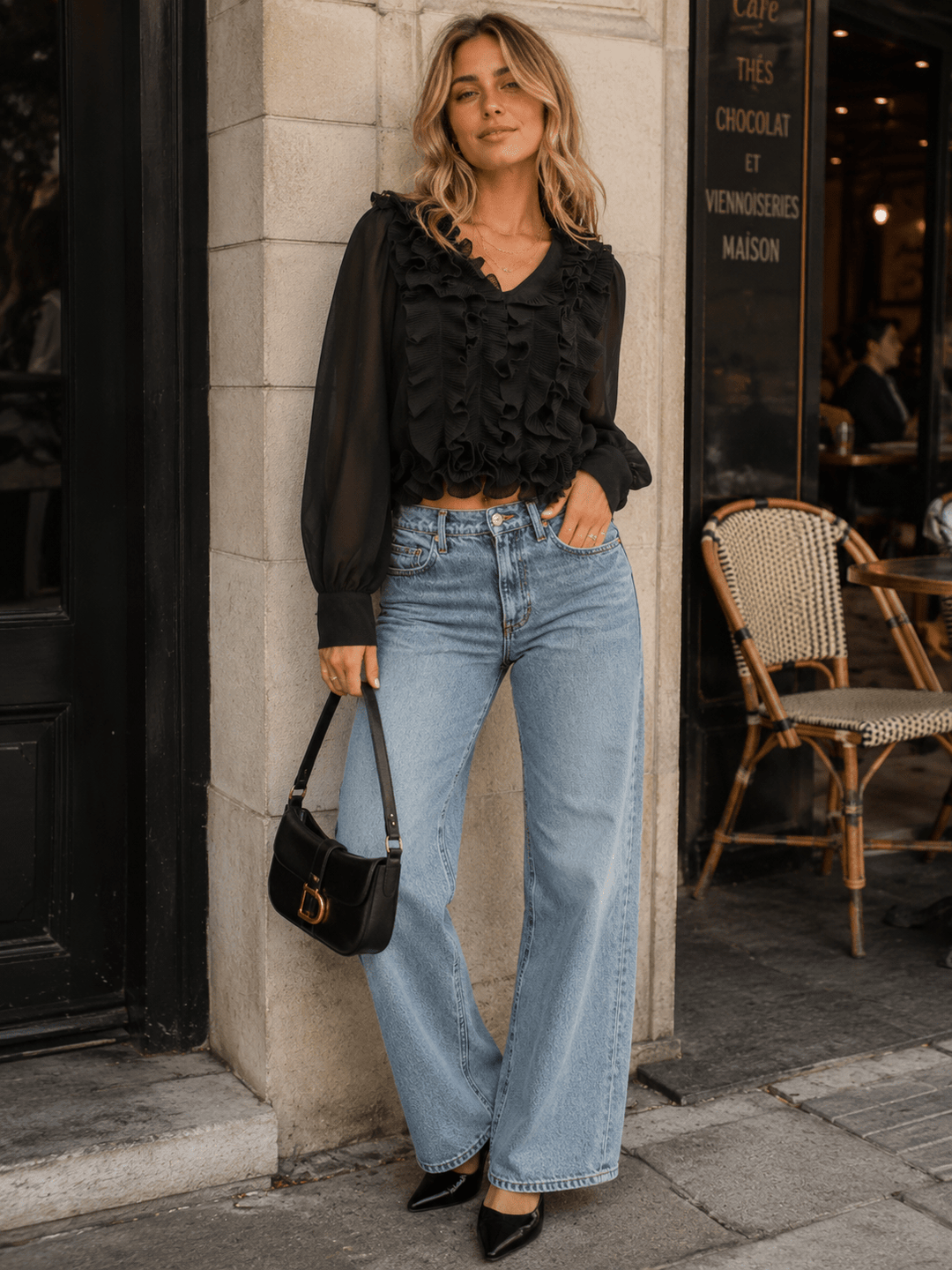 ENTRO WOMEN'S LONG SLEEVE V-NECK RUFFLE BLOUSE