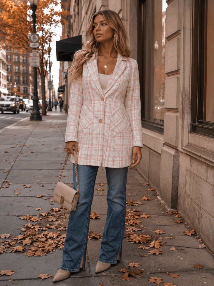 WOMEN'S LONG SLEEVE BUTTON CLOSURE FRONT POCKETS PLAID COAT