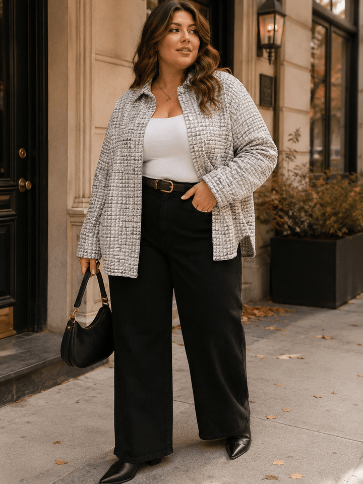 PLUS SIZE LONG SLEEVE BUTTON UP FRONT POCKETS SHIMMER TWEED JACKET