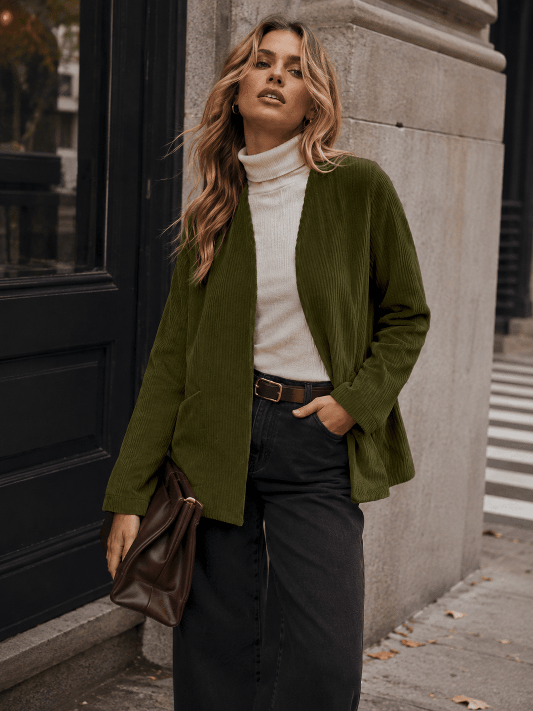 WOMEN'S LONG SLEEVE OPEN FRONT POCKETS RIBBED BLAZER