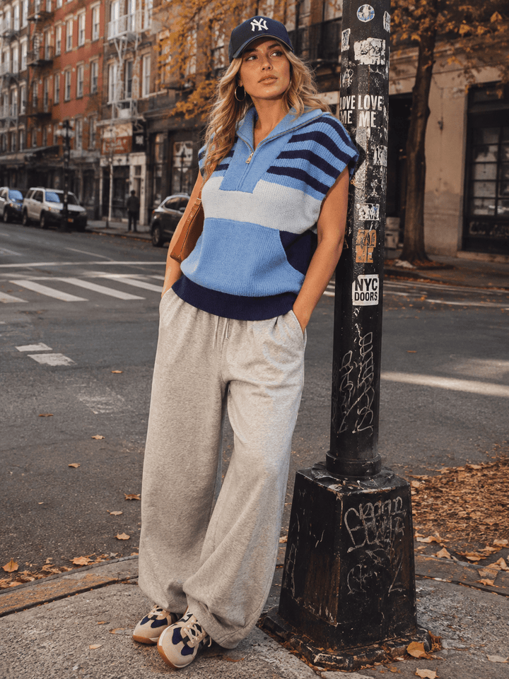 WOMEN'S SHORT SLEEVE ZIP UP FRONT POCKETS COLORBLOCK KNITTED SWEATER TOP