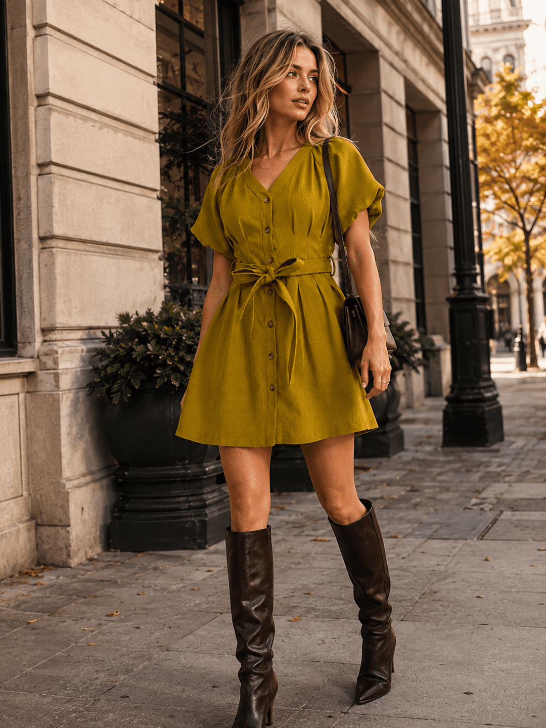 ENTRO WOMEN'S SHORT PUFF SLEEVE BUTTON UP SELF TIE MINI DRESS