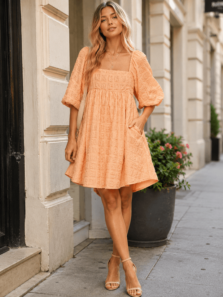 WOMEN'S SHORT SLEEVE SQUARE NECK FRONT POCKETS TUNIC MINI DRESS