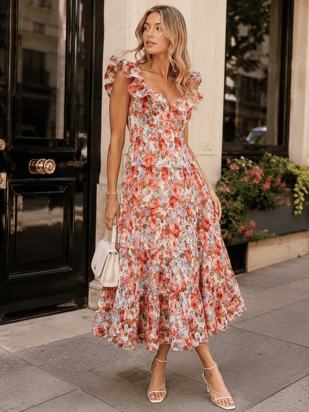 BEULAH WOMEN'S RUFFLE V-NECK PLEATED FLORAL MAXI DRESS