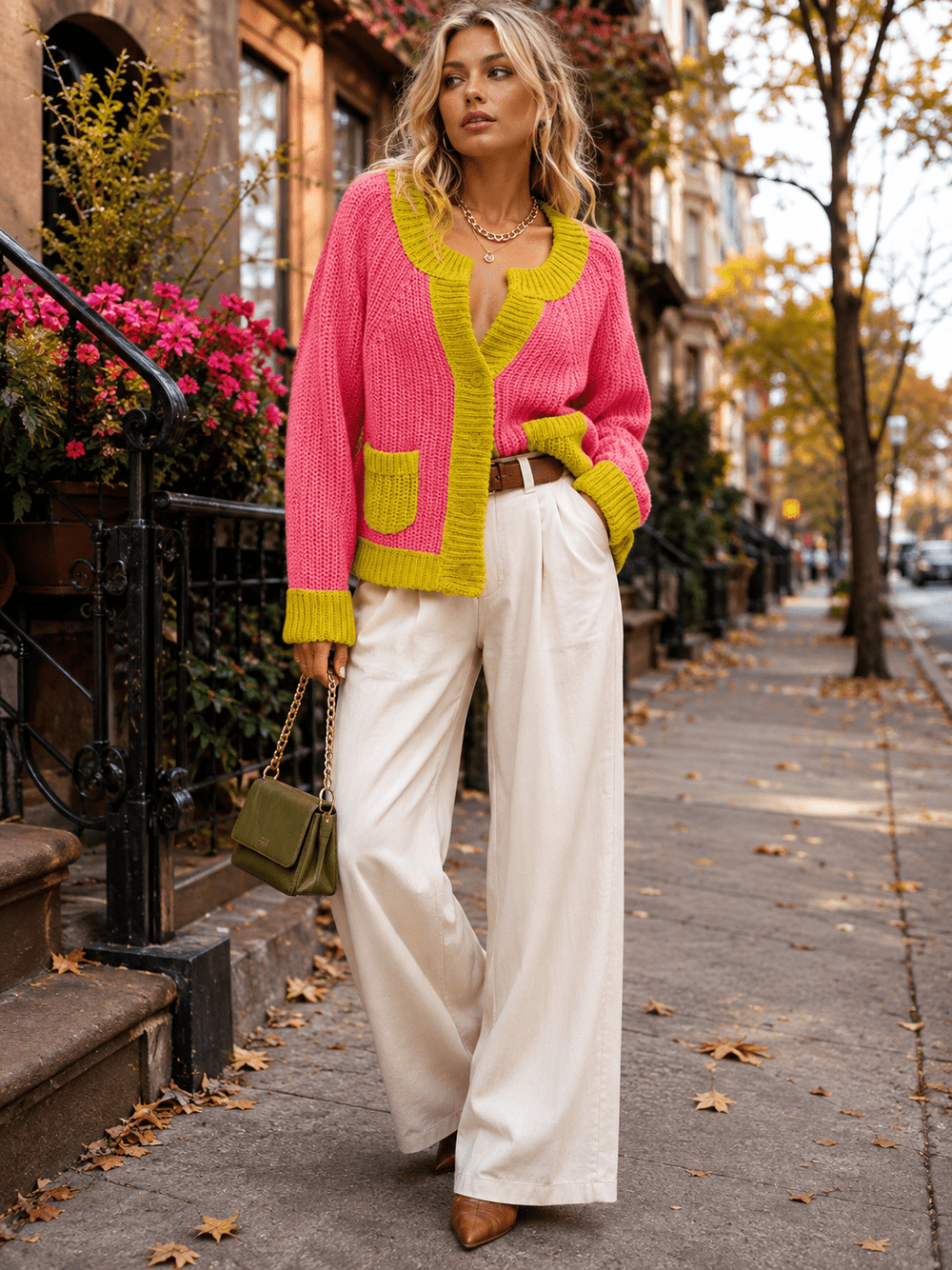 WOMEN'S LONG SLEEVE V-NECK BUTTON CLOSURE FRONT POCKETS COLORBLOCK SWEATER