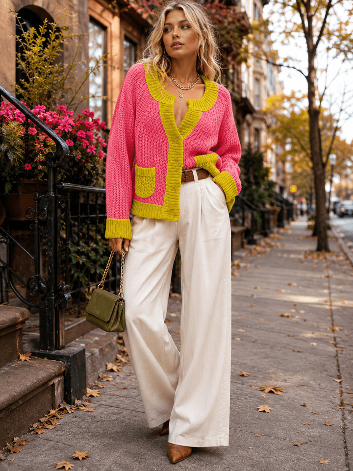 WOMEN'S LONG SLEEVE V-NECK BUTTON CLOSURE FRONT POCKETS COLORBLOCK SWEATER