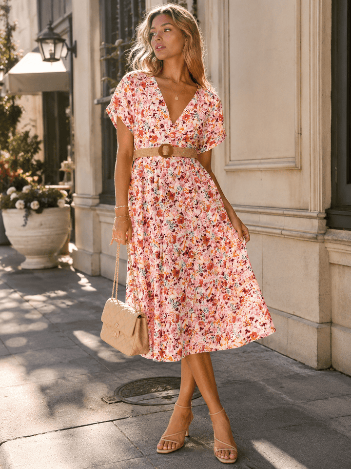 WOMEN'S SHORT SLEEVE V-NECK FRONT POCKETS BELTED FLORAL MIDI DRESS