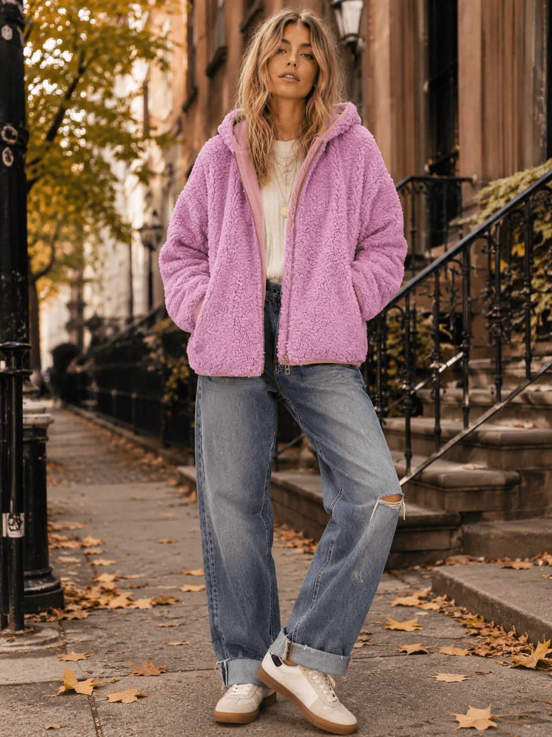 WOMEN'S LONG SLEEVE ZIPPER CLOSURE FRONT POCKETS HOODED SHERPA JACKET (Copy)