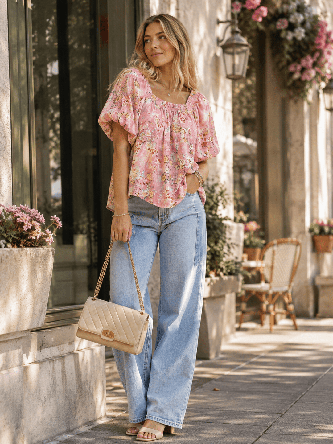 WOMEN'S SHORT PUFF SLEEVE SQUARE NECK SMOCK FLORAL BLOUSE