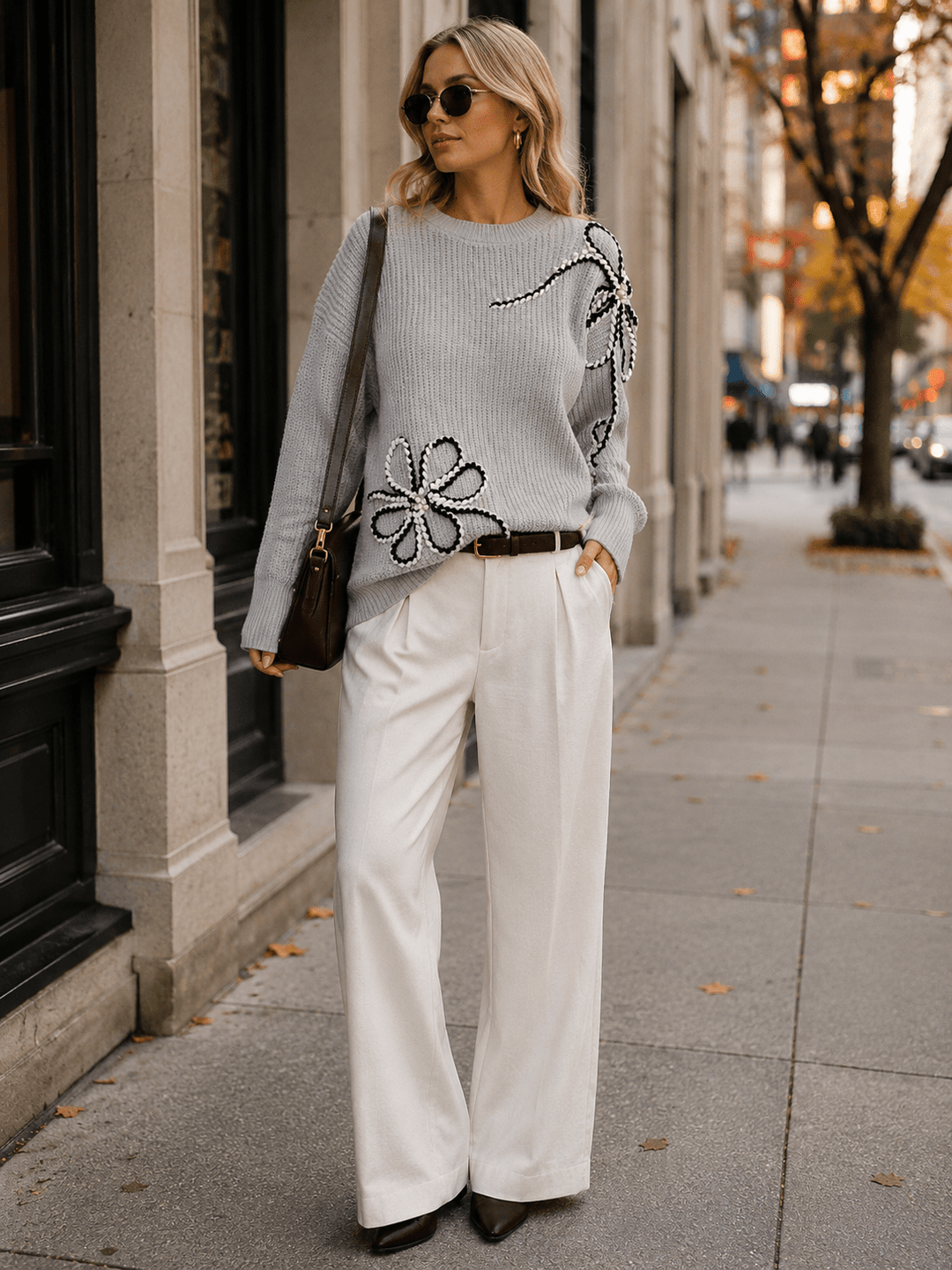 WOMEN'S LONG SLEEVE PEARL FLOWER DETAILED PULLOVER SWEATER