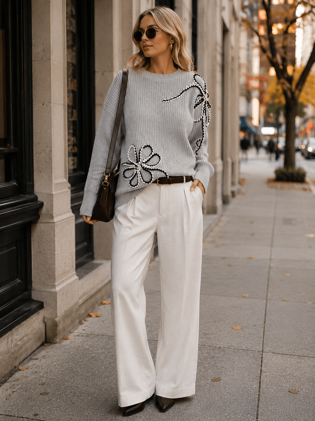 WOMEN'S LONG SLEEVE PEARL FLOWER DETAILED PULLOVER SWEATER