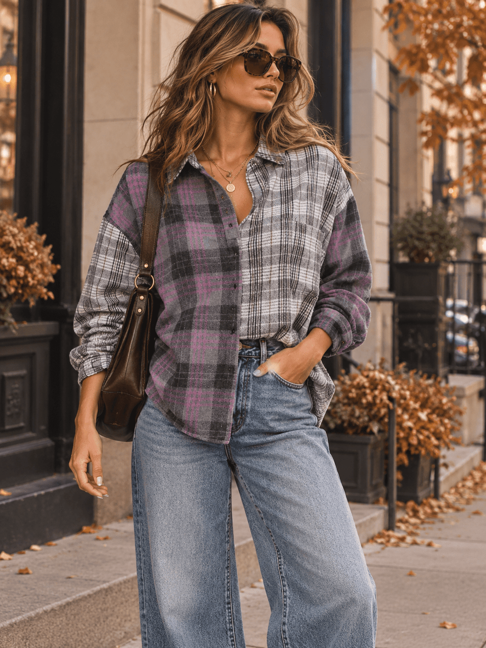 ENTRO WOMEN'S LONG SLEEVE V-NECK COLORBLOCK PLAID SHIRT