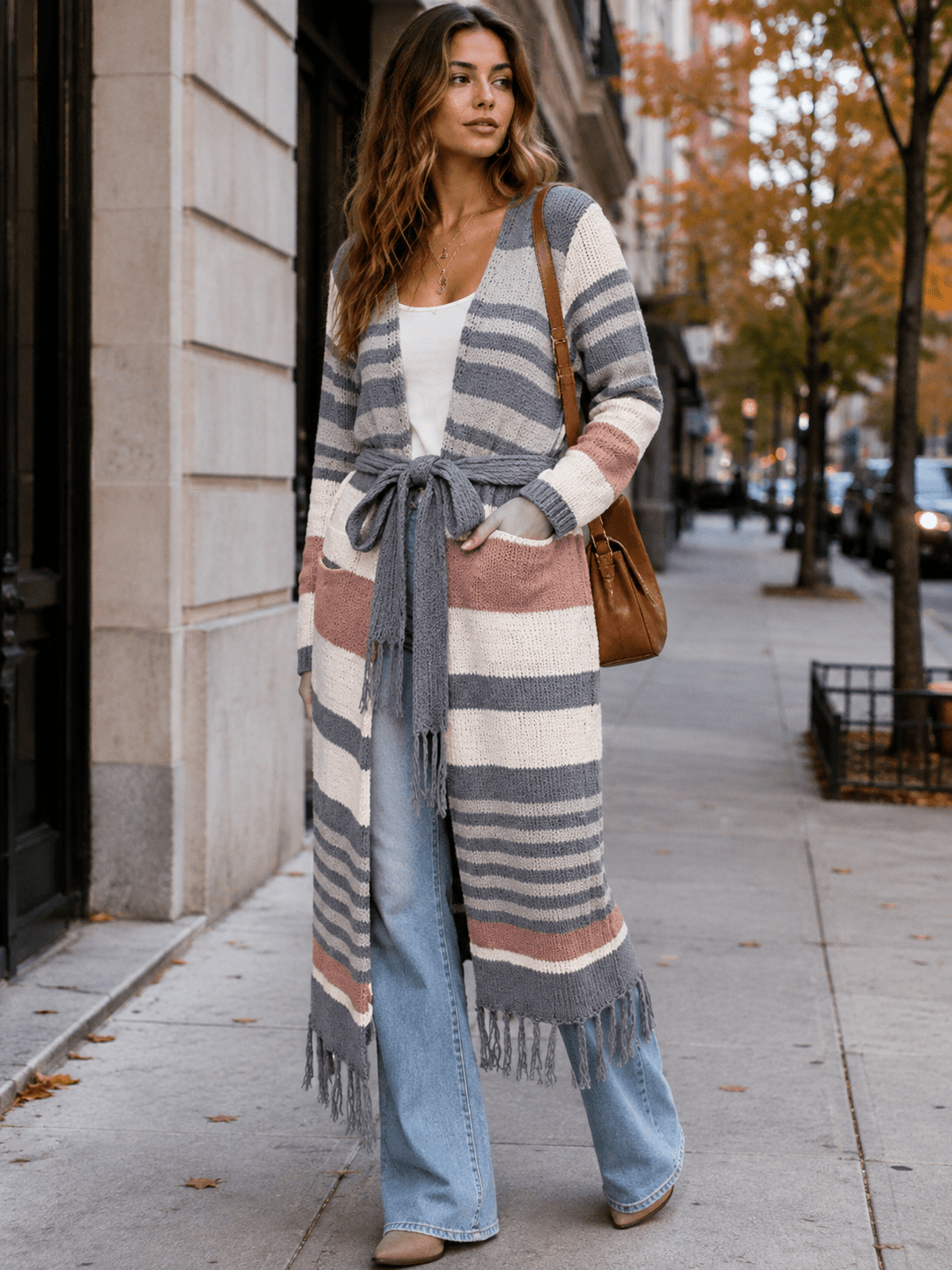 WOMEN'S LONG SLEEVE OPEN FRONT SELF TIE COLORBLOCK KNIT CARDIGAN