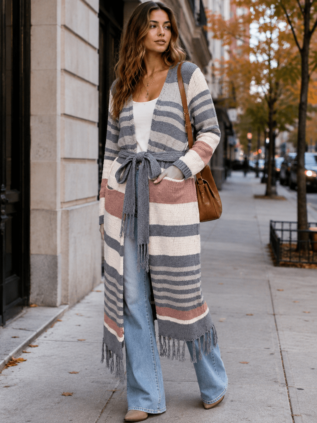 WOMEN'S LONG SLEEVE OPEN FRONT SELF TIE COLORBLOCK KNIT CARDIGAN