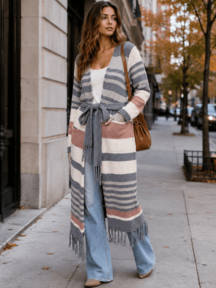 WOMEN'S LONG SLEEVE OPEN FRONT SELF TIE COLORBLOCK KNIT CARDIGAN