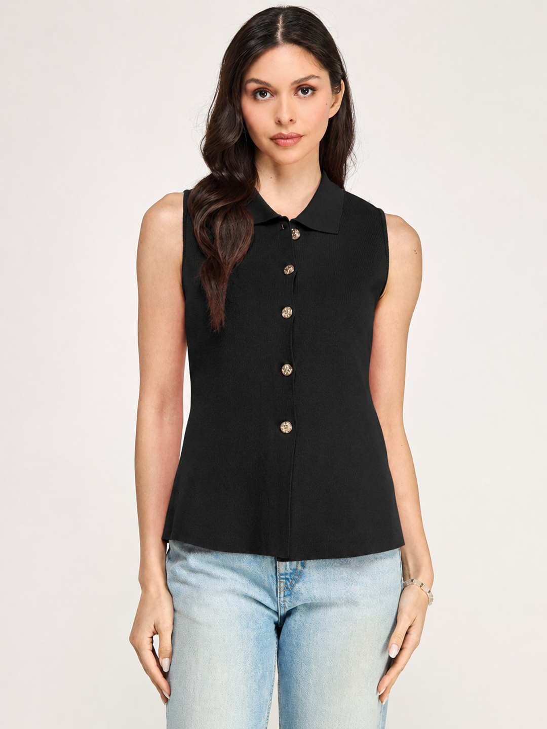 WOMEN'S SLEEVELESS BUTTON UP BLOUSE