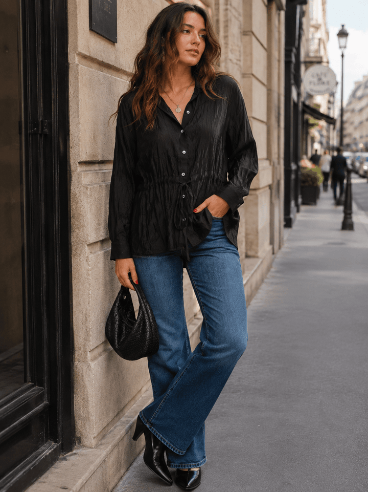 ENTRO WOMEN'S LONG SLEEVE BUTTON UP ADJUSTABLE WAIST BLOUSE