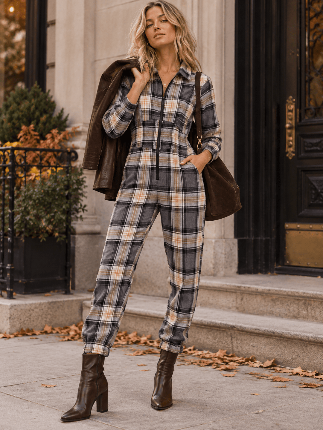 WOMEN'S LONG SLEEVE ZIP UP POCKETS ELASTIC WAIST SKINNY LEG PLAID JUMPSUIT