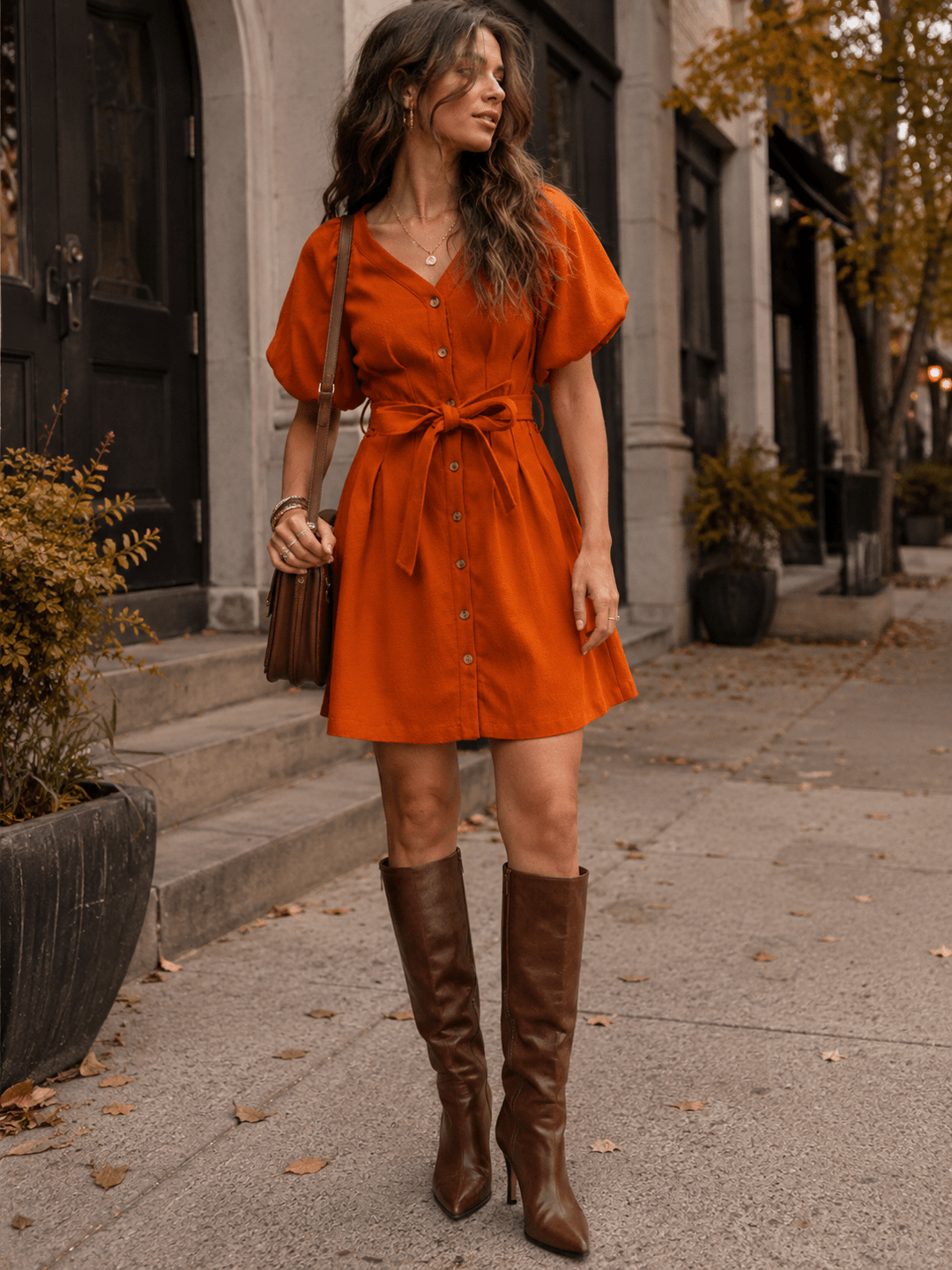 ENTRO WOMEN'S SHORT PUFF SLEEVE BUTTON UP SELF TIE MINI DRESS