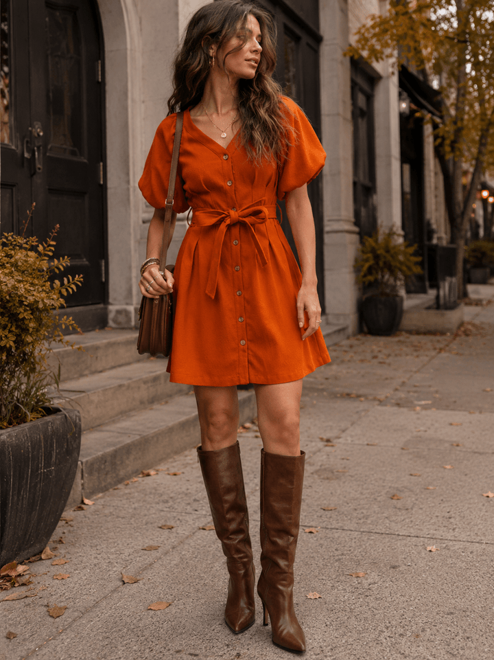 ENTRO WOMEN'S SHORT PUFF SLEEVE BUTTON UP SELF TIE MINI DRESS