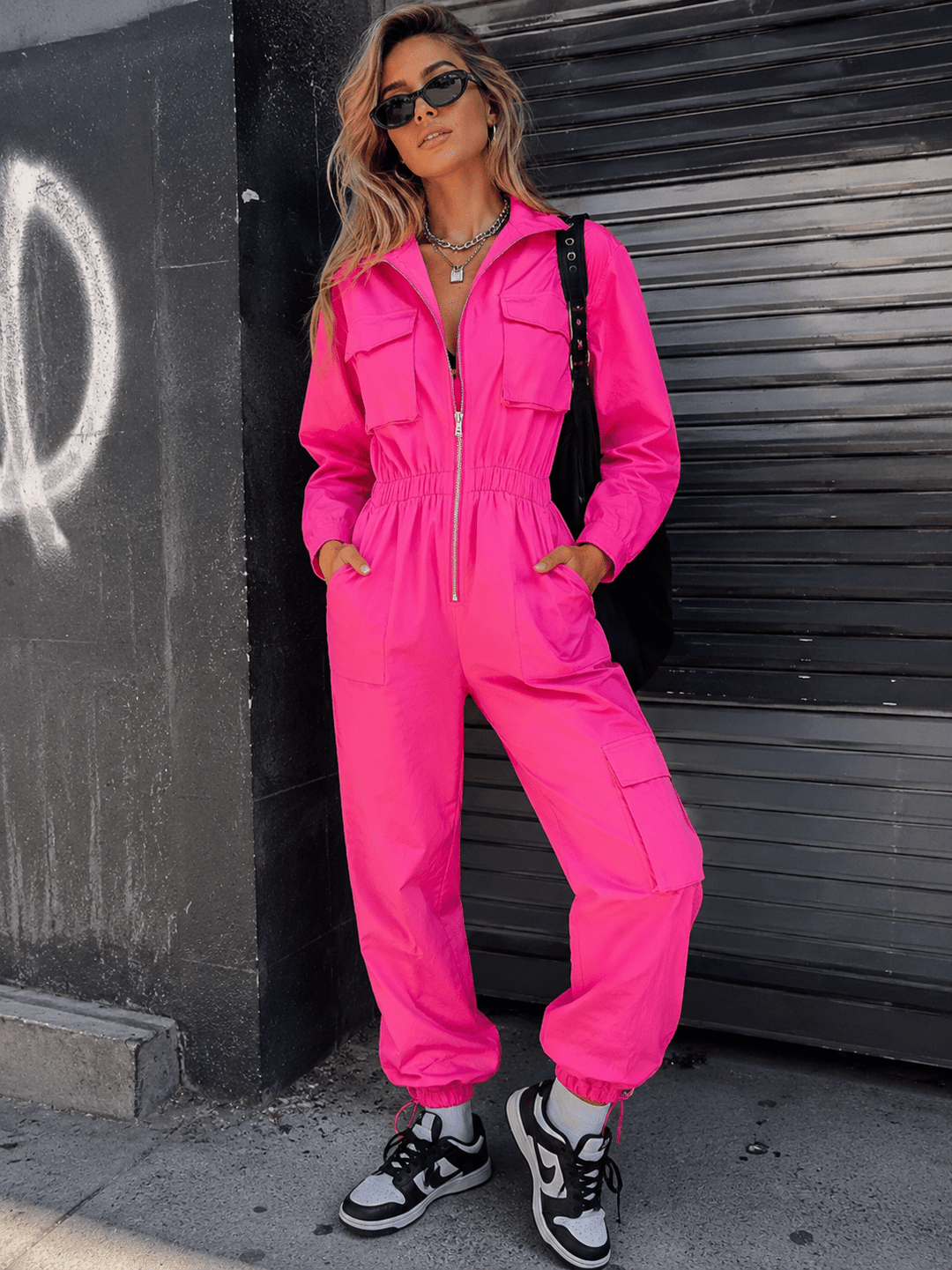 WOMEN'S LONG SLEEVE ZIP UP ELASTIC WAIST POCKETS ADJUSTABLE LEG JUMPSUIT