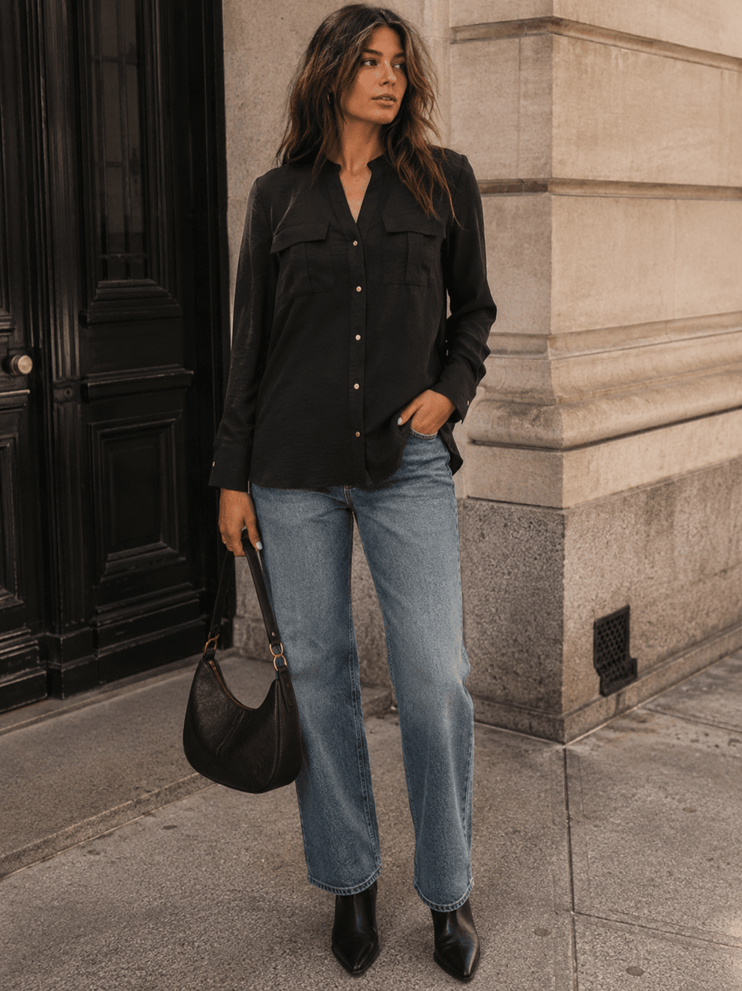 ENTRO WOMEN'S LONG SLEEVE BUTTON UP FRONT POCKETS BLOUSE