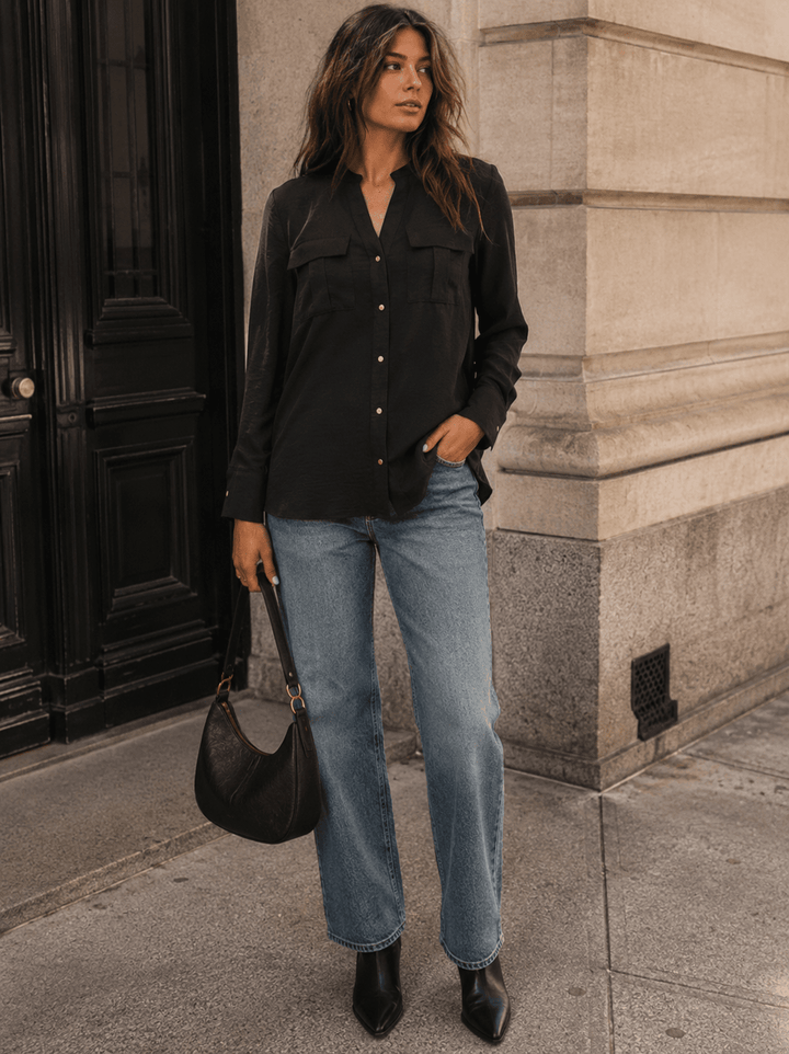 ENTRO WOMEN'S LONG SLEEVE BUTTON UP FRONT POCKETS BLOUSE