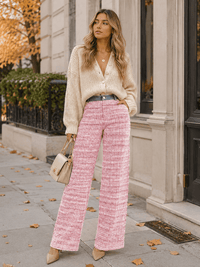 WOMEN'S BUTTON CLOSURE POCKETS DENIM TWEED CONTRAST WIDE LEG PANTS
