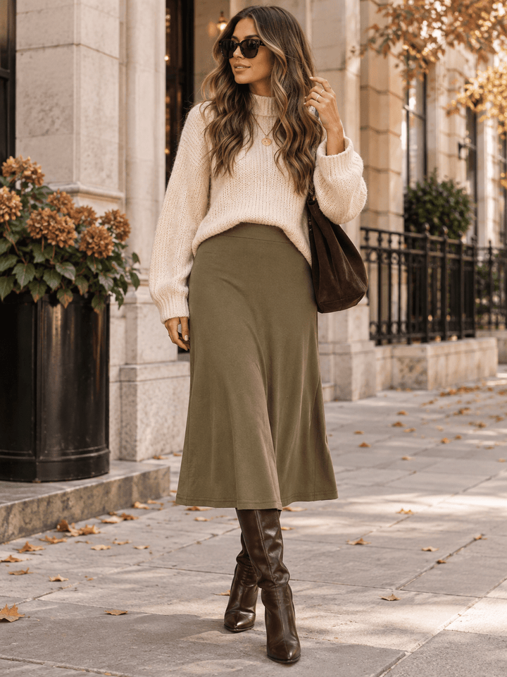 WOMEN'S ELASTIC WAIST SOLID MIDI SKIRT