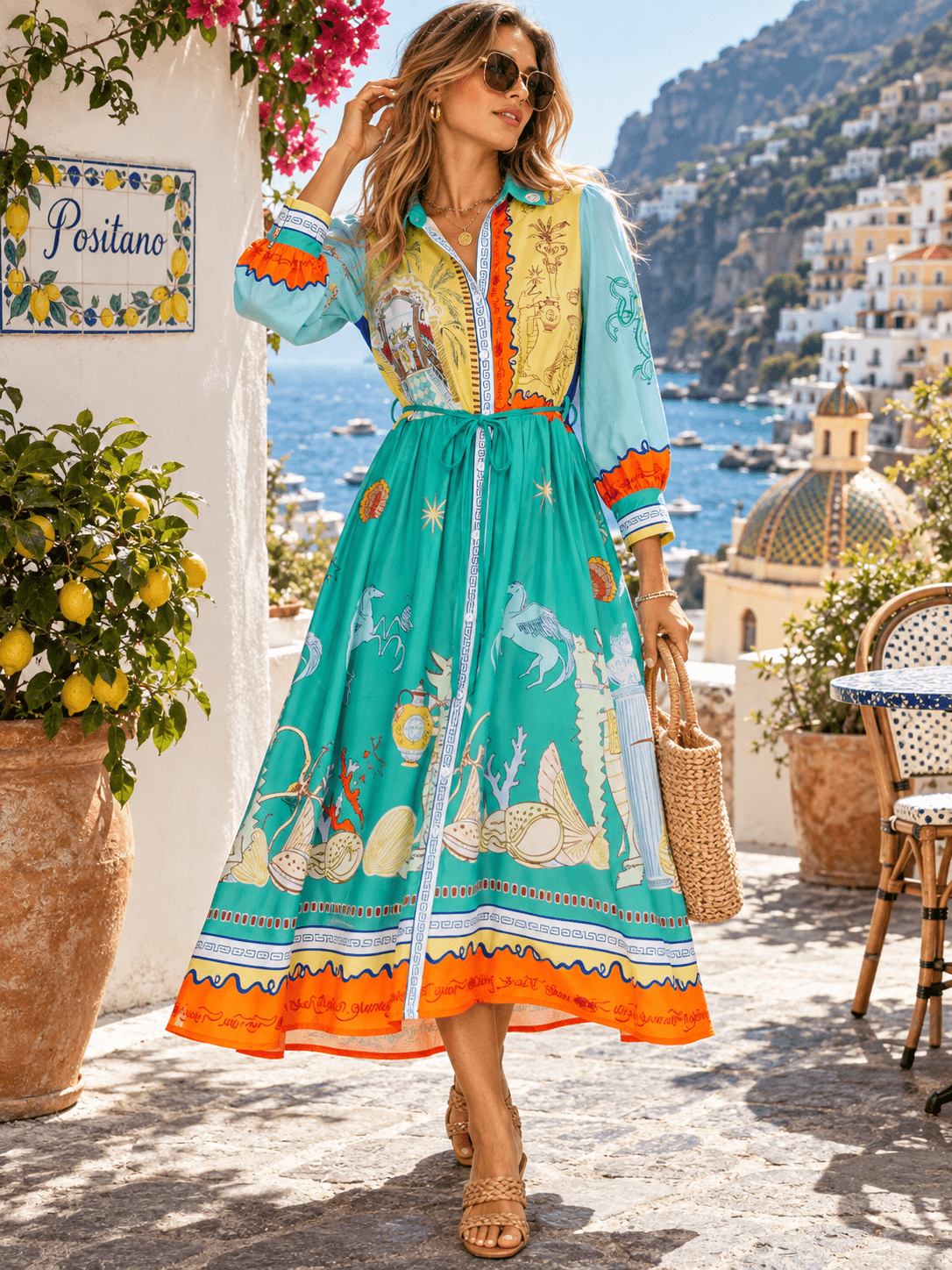 WOMEN'S 3/4 SLEEVE BUTTON UP SELF TIE MULTI PRINT MIDI DRESS
