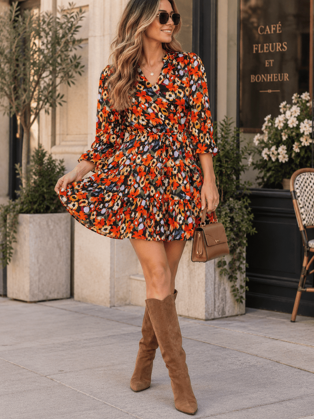 ENTRO WOMEN'S 3/4 SLEEVE V-NECK ELASTIC WAIST MULTI PRINT MINI DRESS