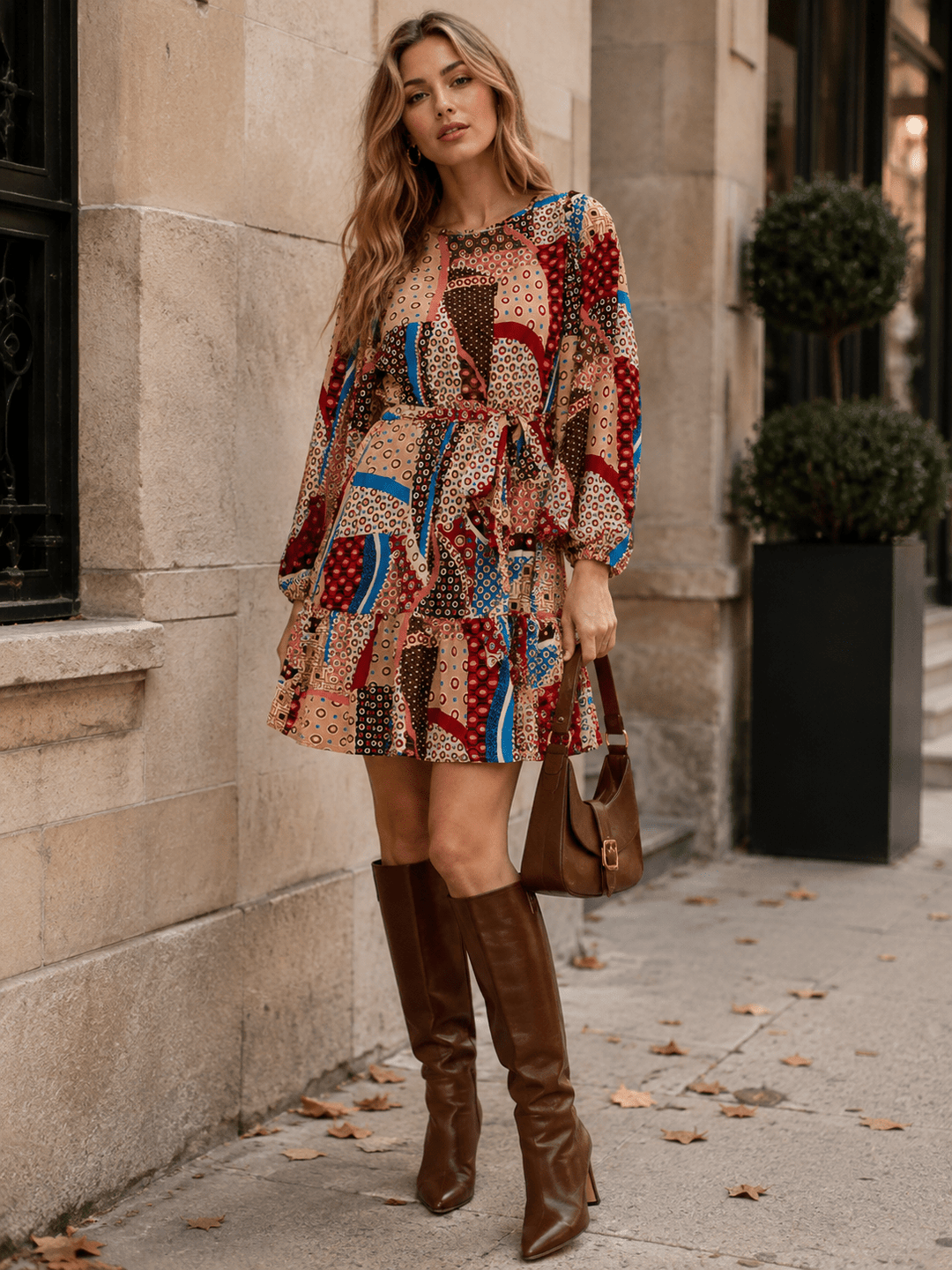 WOMEN'S LONG SLEEVE ELASTIC WAIST SELF TIE MULTI PRINT MINI DRESS