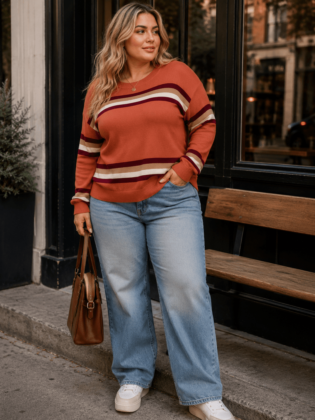 PLUS SIZE LONG SLEEVE STRIPES COLORBLOCK PULLOVER SWEATER