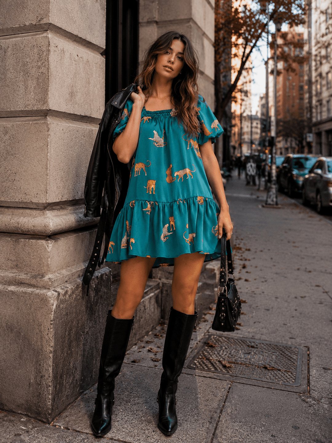ENTRO WOMEN'S SHORT PUFF SLEEVE FRONT POCKETS ANIMAL PRINT MINI DRESS