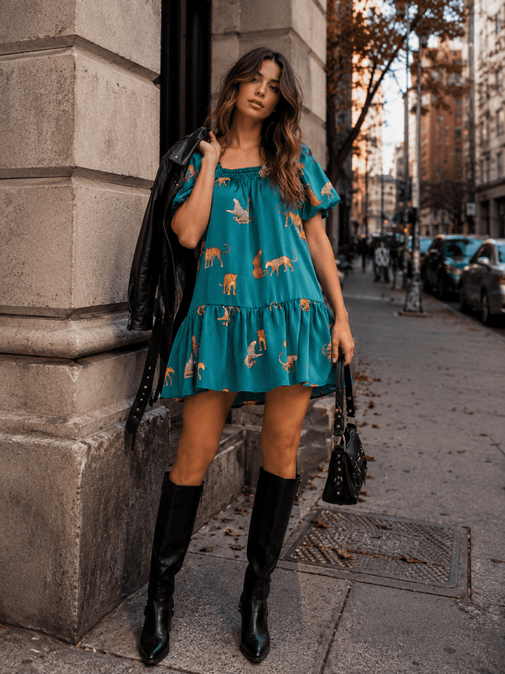 ENTRO WOMEN'S SHORT PUFF SLEEVE FRONT POCKETS ANIMAL PRINT MINI DRESS