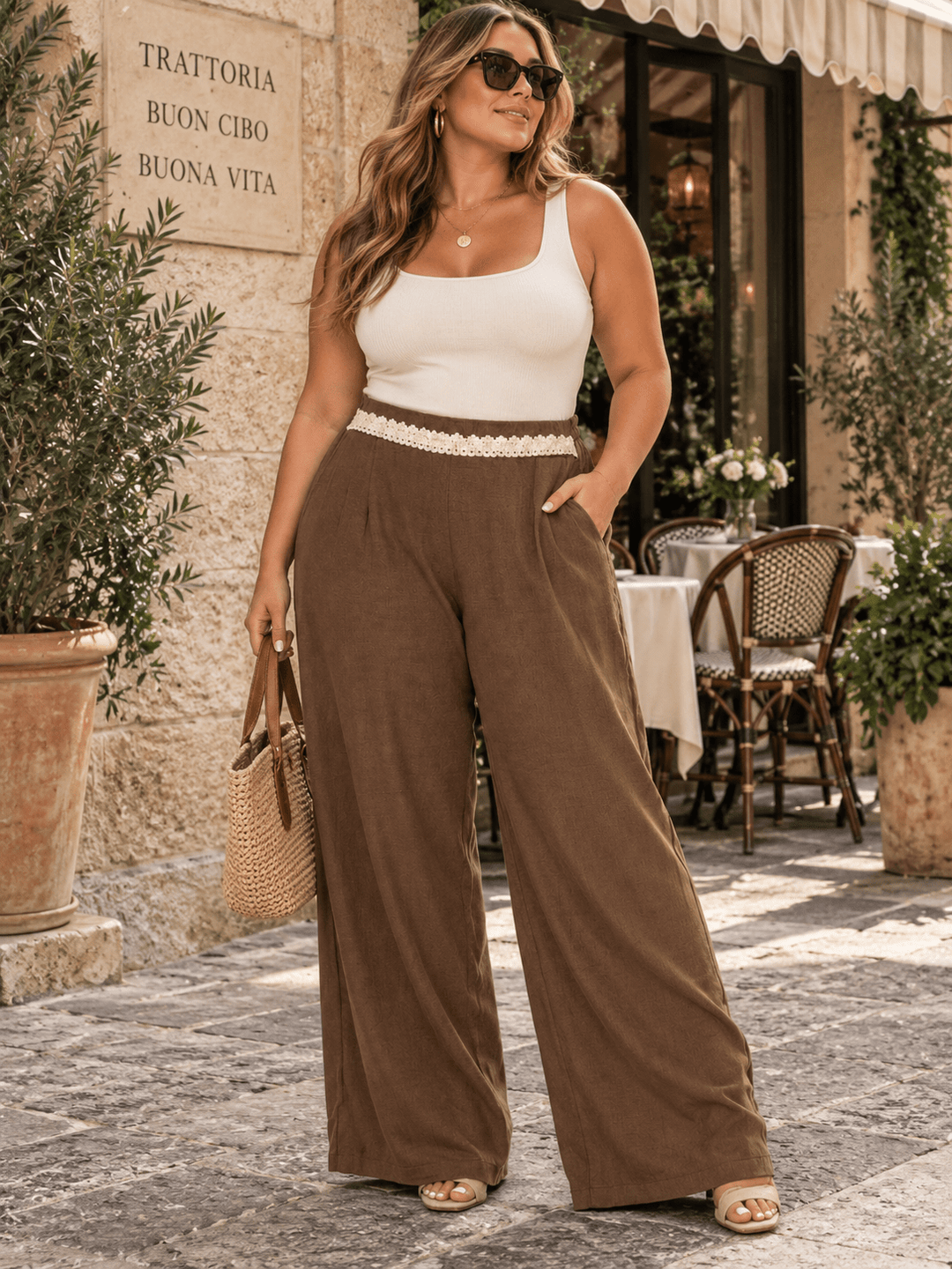 PLUS SIZE ELASTIC DETAILED WAIST FRONT POCKETS WIDE LEG PANTS