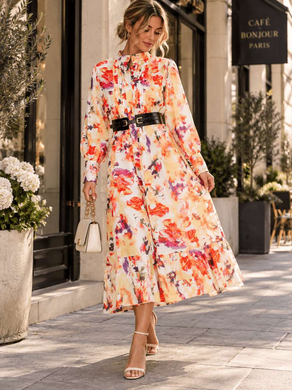 WOMEN'S LONG SLEEVE BUTTON UP BRLTED FLORAL MAXI DRESS